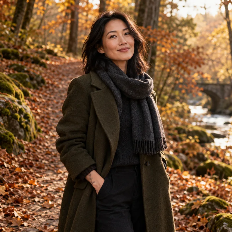 Balanced: woman walking a forest path among autumn leaves