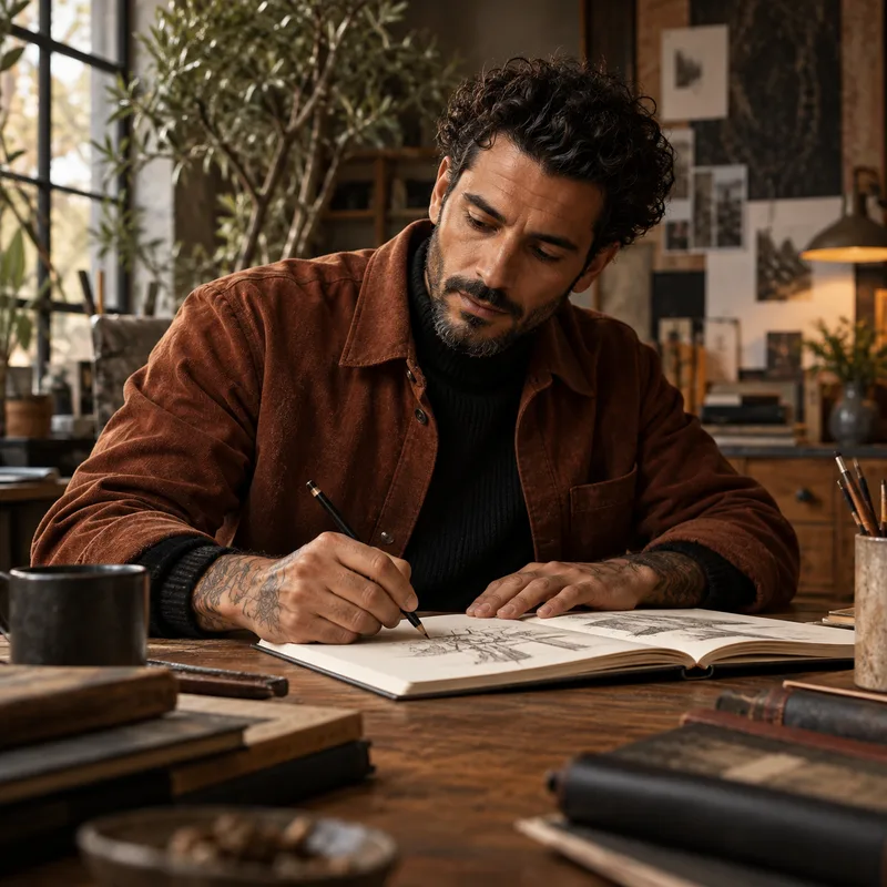 Focus: man drawing in a sketchbook at a wooden desk