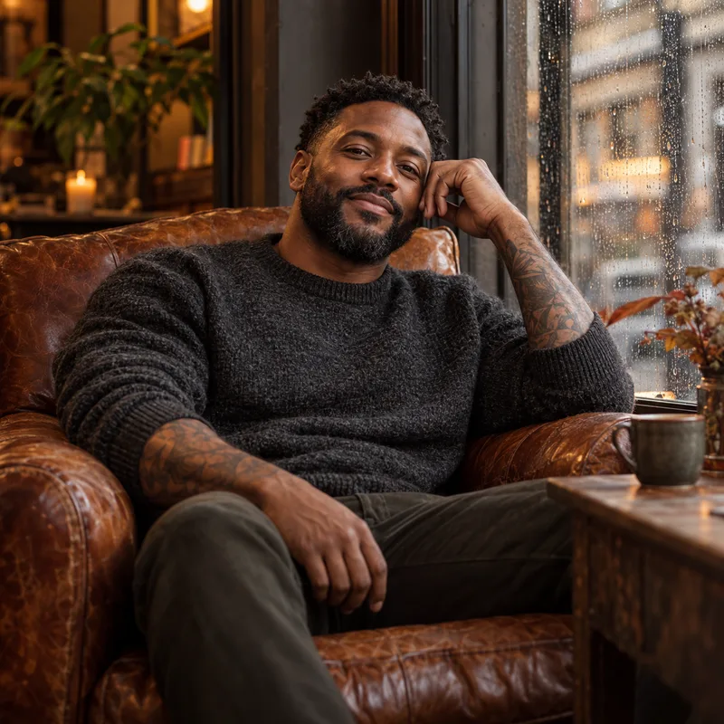 Relax: man leaning back in a leather armchair by a rain-streaked window