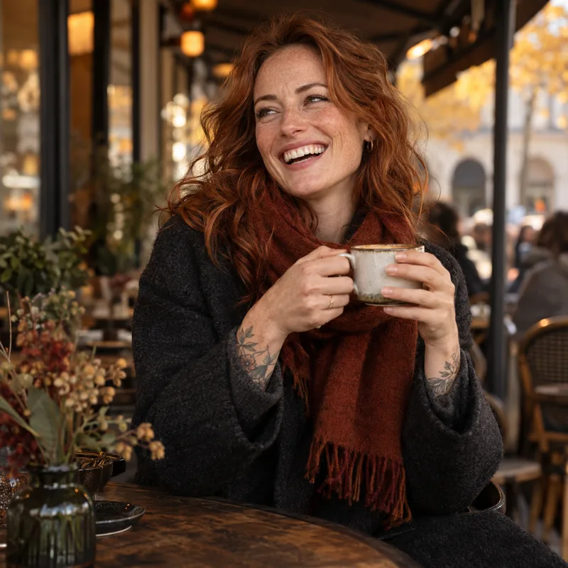 Uplifting: laughing woman with a coffee cup on a cafe terrace