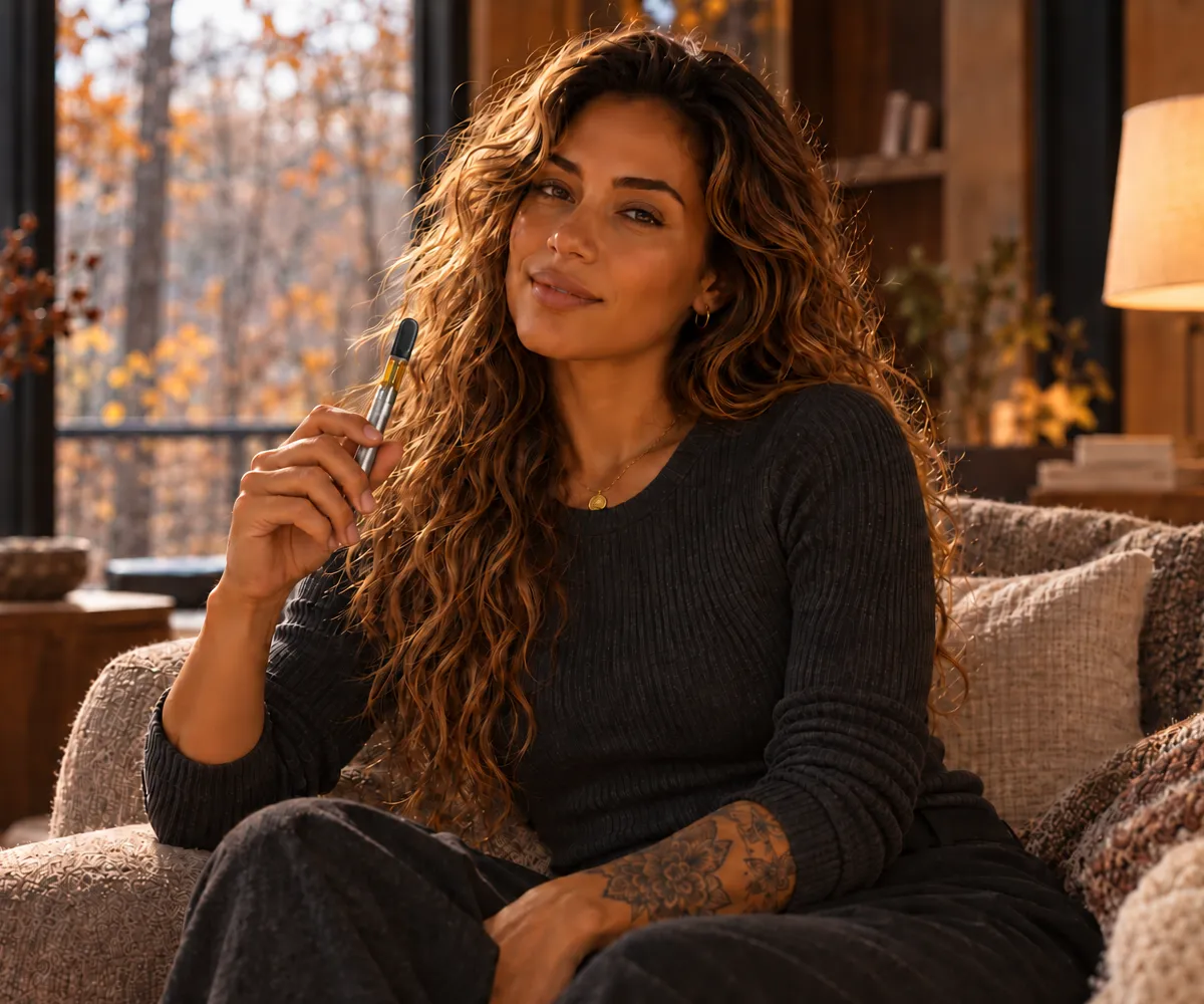 Woman relaxing on a sofa by the fireplace, holding a Dutch Cannabis vape pen